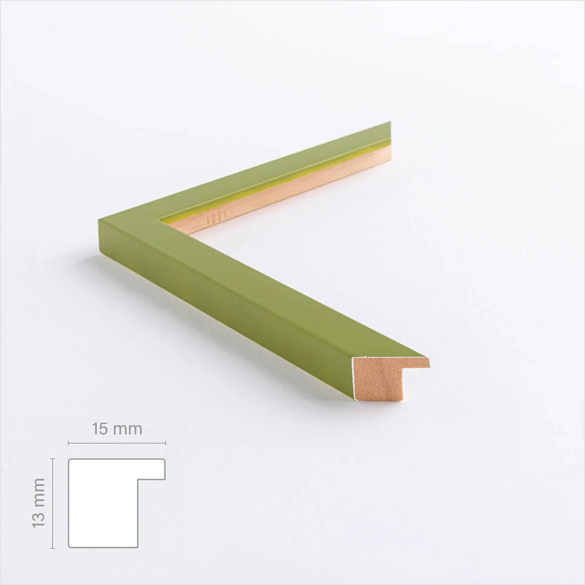 Olivgrüner Holzrahmen nach Maß - Schmal (15 mm)